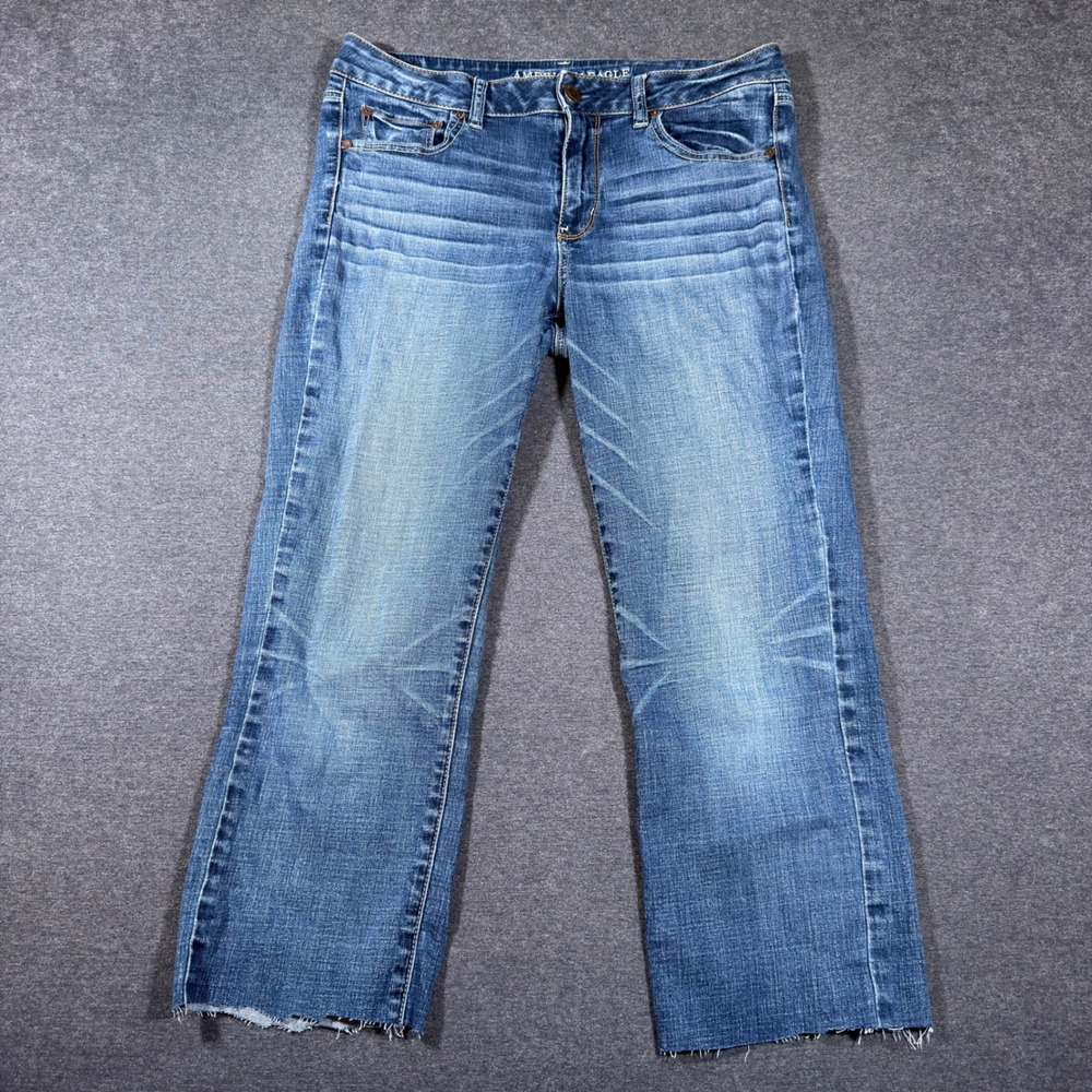 American Eagle Straight Jeans Women 14 Blue Raw Hem Stretch Denim Mid Rise Boho